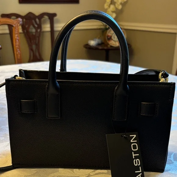 Halston Heritage Black Leather Top-Handle Satchel with Gold Hardware - Picture 5 of 6